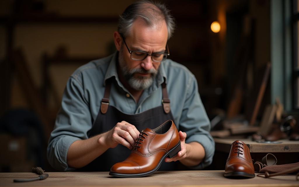 Artisan inspecting finished leather shoes in Melbourne workshop