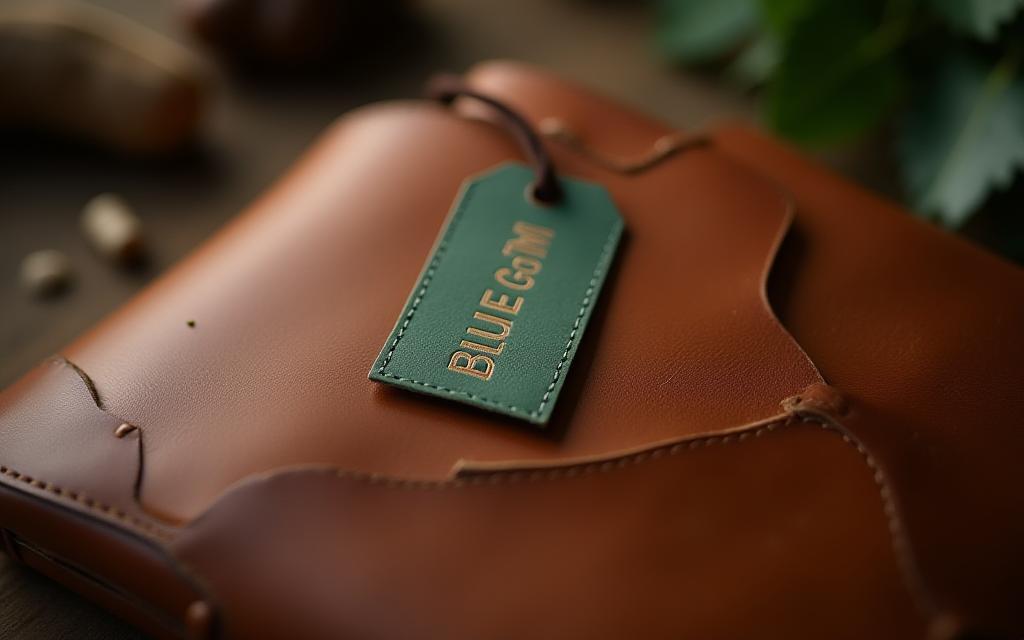 Close-up of eco-certified leather hide with Blue Gum tag